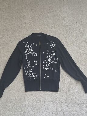 Ted Baker London Black Bomber Jacket with White Floral Embellishments